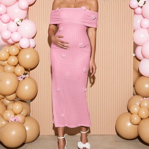 Pink Elegant Women's 3d Floral Off Shoulder Fitted Maternity Baby Dress - Picture 5 of 6